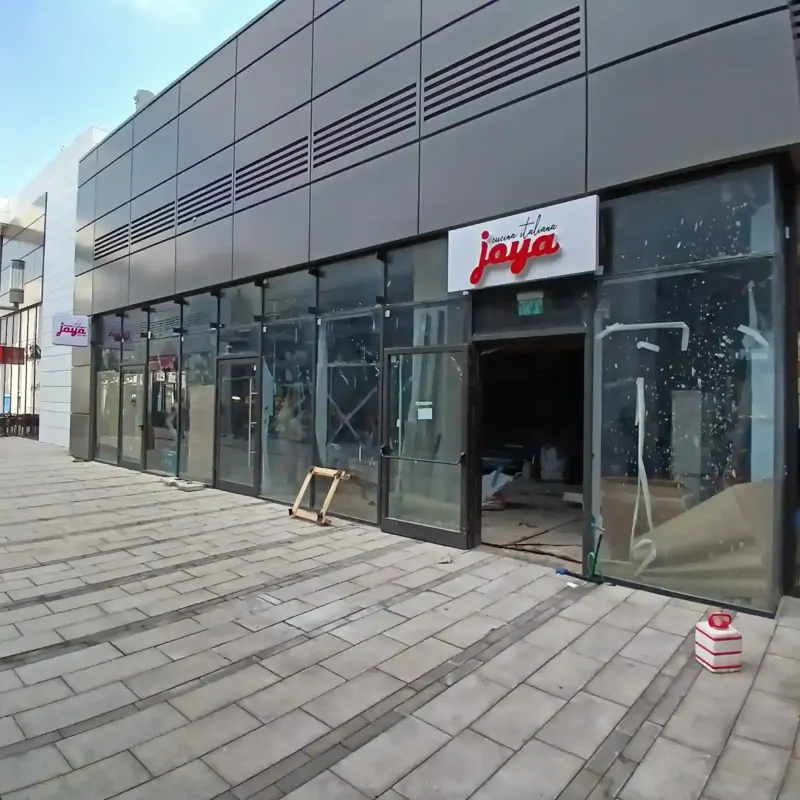 A restaurant unit during fit-out, before its sign is installed