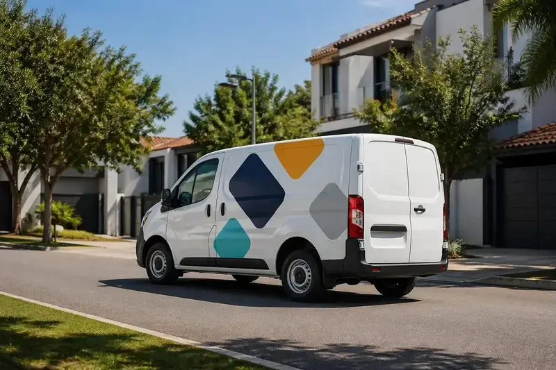 White delivery van with teal, navy and yellow cut-vinyl diamond decals parked on a sunny residential street